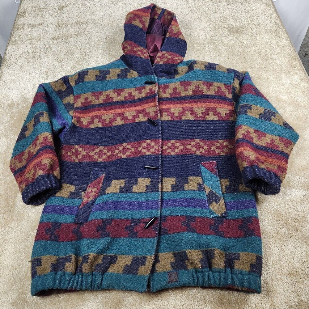 Vintage New York Girl Womens Wool Blend Western Aztec Jacket Duffle Coat Size 12